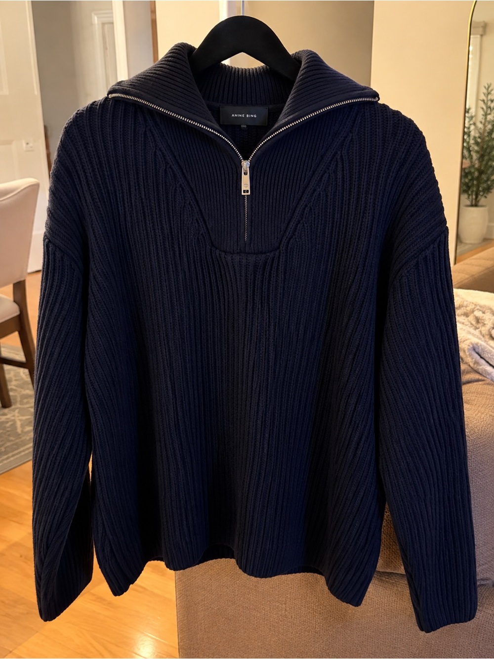 Anine Bing Navy Zip-Front Ribbed Sweater